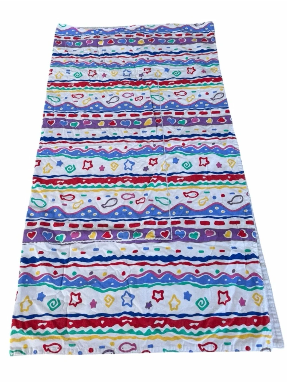 Vintage 90s Baby Blanket Bright Colorful Fish Hearts Shapes Primary Colors 36x41